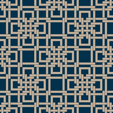 Mavi arka planda iç içe geçmiş kareleri olan kusursuz etnik geometrik desen. Çin doğulu tarzı. Süslü zincir ızgarası eski tarz. Grafik tekstil dokusu. Vektör resmi.