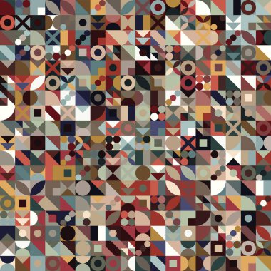 Seamless abstract multicolor pattern. Square blocks of simple geometric shapes. Mosaic style. Geometric hipster retro background.  Decorative vector illustration for textile, wrapping, print, and web.