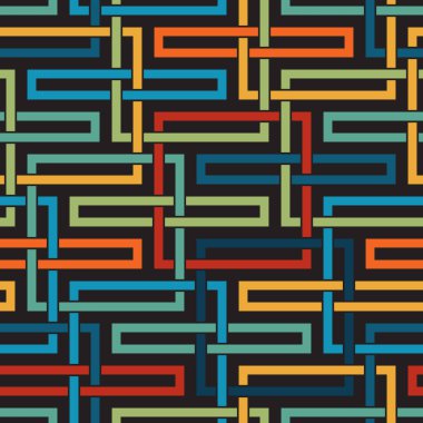 Karışık kareler ve dikdörtgenlerle çok renkli geometrik bileşim. Siyah arkaplanda mavi, kırmızı ve sarı çizgiler var. Modern tarz. Kusursuz vektör deseni. Grafik dokusu.