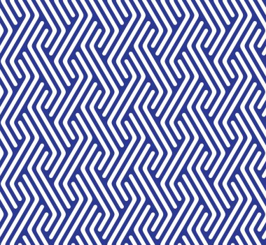 Beyaz arkaplanda mavi zig zag çizgileri olan soyut geometrik dikişsiz desen. Birbirine kenetlenmiş çizgili elementler Geleneksel etnik tarz. Dekoratif grafik doku. Vektör illüstrasyonu.