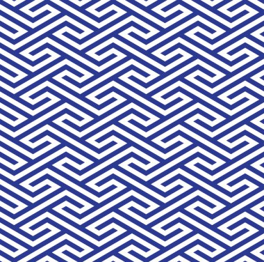 Beyaz arka planda mavi köşegen çizgileri olan soyut geometrik dikişsiz desen. Birbirine kenetlenmiş çizgileri olan bir labirent. Geleneksel etnik tarz. Dekoratif grafik doku. Vektör illüstrasyonu.