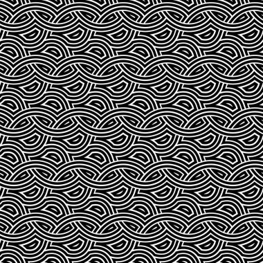 Dalgalı siyah ve beyaz çizgileri olan kusursuz bir vektör deseni. Birbirine kenetlenmiş geometrik elementler. Dekoratif bir geçmiş. Tekstil, ambalaj ve ambalaj için çizgili doku.