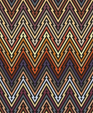 Siyah arkaplanda çok renkli yatay zikzak çizgileri. Kusursuz tekrarlama kalıbı. Sembol tasarımı. Çizgili tekstil dokusu. Retro vintage tarzı. Dekoratif vektör illüstrasyonu. 