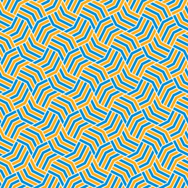 Beyaz arka planda mavi ve sarı çizgili kareler. Çapraz zikzak çizgileri. Kusursuz geometrik desen. Etnik mozaik tarzı. Tekstil, kumaş, ambalaj ve baskı için soyut vektör resmi. 
