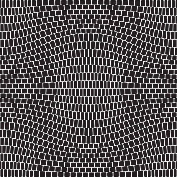 几何网格与小矩形黑色瓷砖排成波浪形线 白色背景 变形的砖表面 马赛克铺装设计 无缝重复模式 矢量图像 — 图库矢量图片