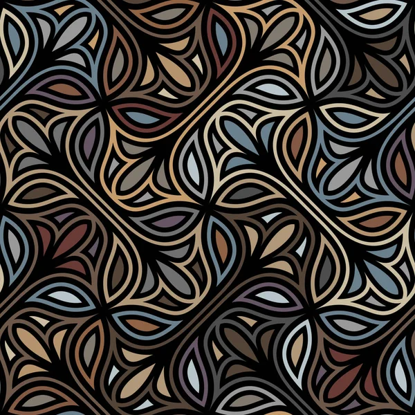 Naadloos Abstract Bloemenpatroon Met Veelkleurige Geometrische Bladeren Een Zwarte Achtergrond — Stockvector
