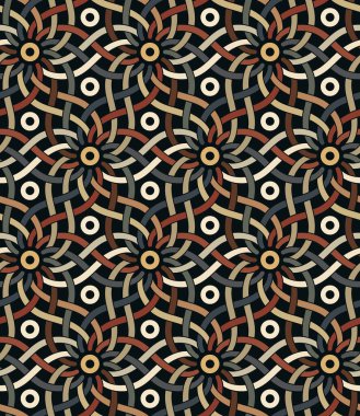 Siyah arkaplanda kesişen çok renkli dalgalı çizgilerle kusursuz geometrik desen. Klasik İslami tasarım. Çizgili grafik dokusu. Soyut çiçek süsü. Vektör illüstrasyonu.