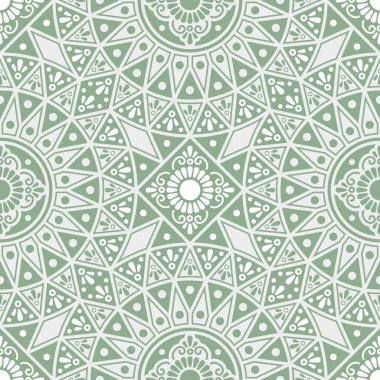 Beyaz zemin üzerinde yeşil üçgenler ve dairelerin soyut geometrik bileşimi. Kusursuz tekrarlama kalıbı. Geçmişe dönük etnik fayanslar. Eski seramik kaldırım. Dekoratif vektör illüstrasyonu.