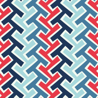 Zigzag renkli dikey çizgileri olan geometrik yapı. Beyaz arka planda mavi ve kırmızı çizgili çizgili doku. Soyut tasarım. Tekstil, ambalaj, yazdırma ve ağ için vektör resmi. 