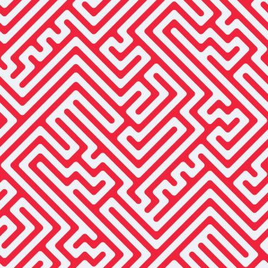 Kusursuz labirent deseni. Beyaz arka planda kırmızı köşegenlerden oluşan bir labirent. Geometrik retro tasarım. Kumaş, tekstil, ambalaj ve baskı için dekoratif vektör çizimi.