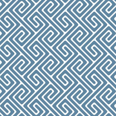 Kusursuz labirent deseni. Beyaz arka planda mavi köşegen çizgilerden oluşan normal bir labirent. Geometrik retro tasarım. Kumaş, tekstil, duvar kağıdı, ambalaj ve baskı için dekoratif vektör resmi.