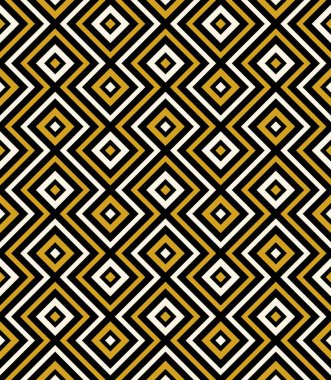 Kusursuz çizgili desen. Zigzag çizgileri ve siyah, sarı ve beyaz eş merkezli kareler. Geometrik soyut arkaplan. Modern etnik tasarım. Kumaş, tekstil, kumaş ve baskı için vektör illüstrasyonu.
