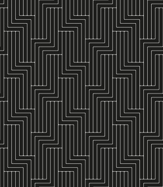 Siyah arkaplanda birbirine kenetlenmiş beyaz zigzag ince çizgileri olan kusursuz tekrarlayan desen. Soyut geometrik ızgara. Modern tasarımlı çizgili bir süs. Vektör illüstrasyonu.