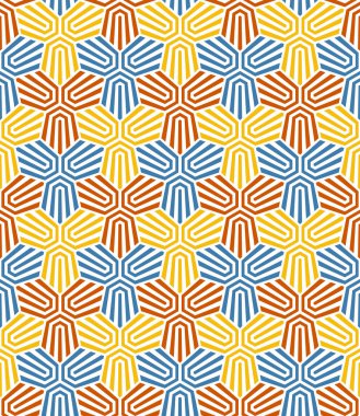 Çizgili iç içe geçmiş geometrik elementlerle kusursuz tekrarlayan desen. Sarı, kırmızı, beyaz ve mavi çizgiler. Soyut arkaplan. Eski tarz etnik tasarım. Vektör illüstrasyonu.