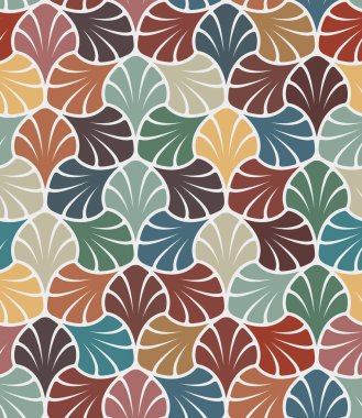 Kusursuz çiçek deseni, soyut çok renkli yapraklar ve beyaz arka planda çiçekler. Retro stil geometrik tasarım. Eski renkler. Vektör illüstrasyonu.