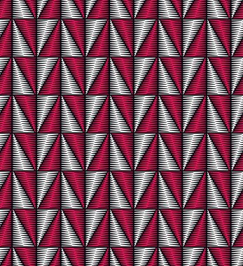 Tesselleştirilmiş yüzey, zigzag çizgilerinden yapılmış kırmızı ve beyaz üçgenler. Soyut geometrik tasarım. Kusursuz tekrarlama kalıbı. Vektör illüstrasyonu.