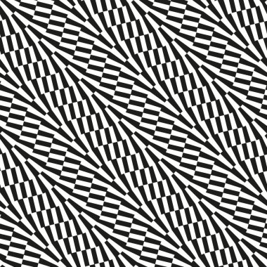 Kesik dalgalı çizgilerle kusursuz tekrarlayan desen. Damalı siyah beyaz optik tasarım. Soyut geometrik arkaplan. Vektör illüstrasyonu.