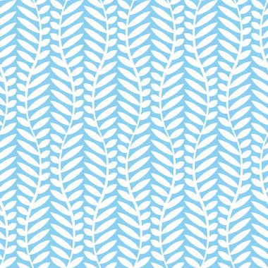 Kusursuz bir çiçek deseni, dikey dalları ve açık mavi arka planda küçük beyaz yaprakları var. Soyut geometrik tasarım. Vektör illüstrasyonu. 
