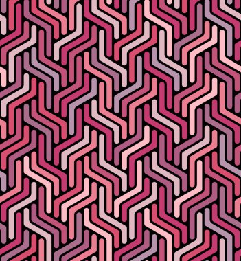 Siyah arka planda pembe ve kırmızı renkli geometrik çizgili örgülerle kusursuz tekrarlayan desen. Çağdaş mozaik biçimi.