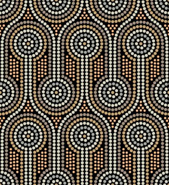 Siyah zemin üzerinde kahverengi ve beyaz noktalı çizgiler ve eşmerkezli daireler olan kusursuz tekrarlayan desen. Küçük renkli noktalı etnik tarz mozaik. Soyut geometrik retro biçim tasarımı.