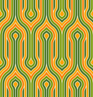 Yeşil, sarı, turuncu düz çizgileri ve eşmerkezli daireleri olan kusursuz çizgili desen. Soyut geometrik tasarım retro tarzında. Klasik koyu renkler. 