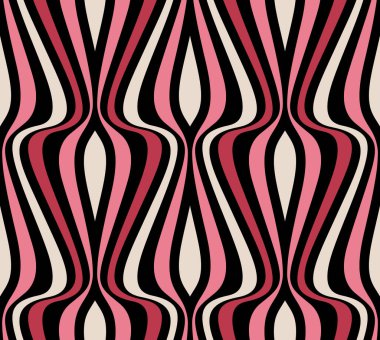 Dikey dalgalı çizgileri olan, kırmızı, pembe, beyaz ve siyah çizgili kusursuz çizgili desen. Afrika etnik tarzı. Geometrik retro tasarımı.