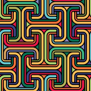 Siyah arka planda birbirine kenetlenmiş çizgili geometrik elementlerle çok renkli Sayagata tasarımı. Etnik modern tarz. Kusursuz tekrarlama deseni.