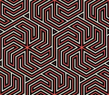 Birbirine kenetlenmiş beyaz, kırmızı ve siyah çizgilerle kusursuz çizgili desenler altıgen geometrik şekiller oluşturuyor. Modern etnik tarz. Labirent tasarımı. Soyut vektör illüstrasyonu.