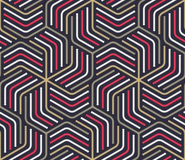 Siyah arkaplanda ince siyah, beyaz, kırmızı ve kahverengi dalgalı çizgilerle oluşturulan altıgen geometrik şekilli kusursuz çizgili desen. Modern etnik tarz. Labirent tasarımı. Soyut vektör illüstrasyonu.