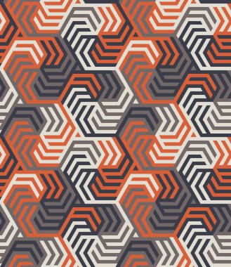 Altıgen bir ızgarada birbirine kenetlenmiş geometrik şekillerle kusursuz çizgili desen. Turuncu, gri ve beyaz olarak karmaşık tasarım. Retro tarzı. Vektör illüstrasyonu. 