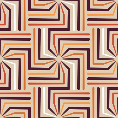 Soyut geometrik tasarım. Bej arkaplanda beyaz, kahverengi ve turuncu çizgileri olan kare şeklinde modüler çizgili spiraller. Kusursuz tekrarlama kalıbı. Retro etnik stil.