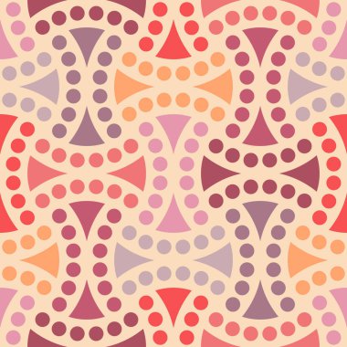 Renkli soyut geometrik tasarım kıvrımlı noktalı çizgiler ve küçük üçgenler klasik pastel renklerde. Modaya uygun retro tarzı. Kusursuz tekrarlama kalıbı. Vektör illüstrasyonu.