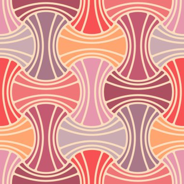 Birbirine kenetlenmiş geometrik şekillerle çok renkli soyut tasarım. Klasik pastel renkler. Çağdaş retro tarzı. Kusursuz tekrarlama kalıbı. Vektör illüstrasyonu.