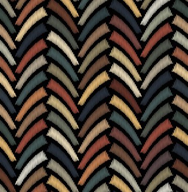 Kusursuz dikey çizgili çizgiler. Siyah arkaplanda çok renkli işlemeli dikdörtgen işlemeli soyut geometrik sembol tasarımı. Çağdaş retro tarzı. Vektör illüstrasyonu.