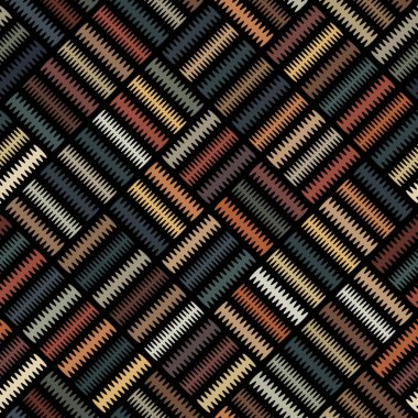 Çapraz çizgilerde küçük çok renkli dikdörtgenlerin bileşimiyle kusursuz soyut geometrik desen. Modern ve modaya uygun. Vektör illüstrasyonu.