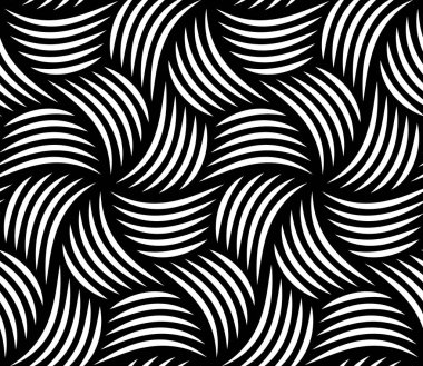 Seamless abstract geometric pattern with a modular design of twisted striped hexagons on a black background. Vortexes and whirls of thin white lines. Contemporary retro style. Vector illustration. clipart