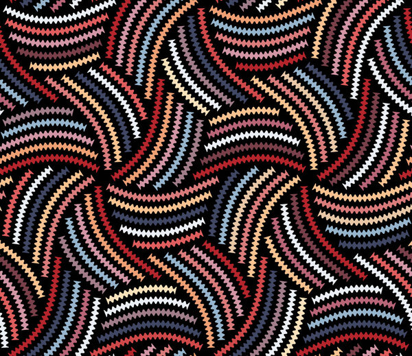 Seamless geometric pattern featuring spirals of thin, multicolored wavy lines on a black background with modern ethnic design. Abstract vector illustration.