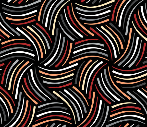 Seamless striped pattern with spirals composed of thin multicolored lines on a black background in a modern ethnic design. Abstract geometric vector illustration.