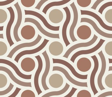 Modern, karmaşık bir mozaik tasarımda dalgalı çizgiler ve daireler dokuması olan kusursuz geometrik desen. Soyut vektör illüstrasyonu.