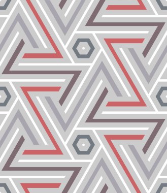 Gri arkaplanda ince, kırmızı, gri ve beyaz zikzak çizgileri var. İnce ve zarif bir şekilde geometrik doğrusal tasarım. Kusursuz tekrarlama kalıbı. Soyut vektör illüstrasyonu.