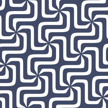 Dalgalı, kalın çizgilerin geometrik kompozisyonu ve optik girdaplar oluşturan mavi ve beyaz tekrarlayan desen. Modern retro-stil tasarım. Soyut doku. Vektör illüstrasyonu.