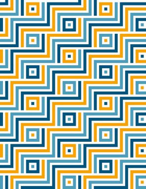 Beyaz zemin üzerinde ince mavi ve sarı çizgiler olan renkli labirent tasarımı. Soyut geometrik stil. Kusursuz tekrarlama kalıbı. Vektör illüstrasyonu.