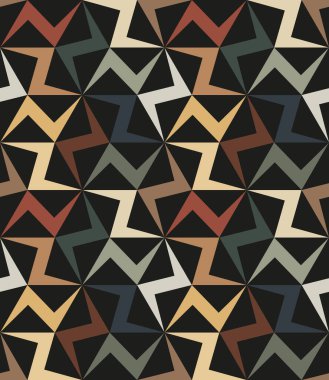 Soyut geometrik renkli, dikişsiz desen. Modern ve modaya uygun bir tasarımda siyah arkaplan üzerine sarmal şeklinde dizilmiş zigzag renkli çizgiler. Vektör illüstrasyonu.