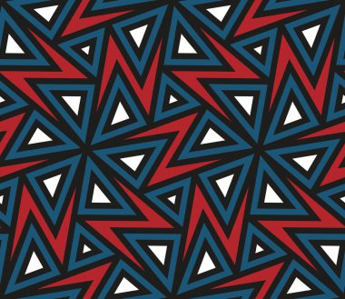Kırmızı, mavi, siyah ve beyaz eşmerkezli eş merkezli geometrik şekillere sahip çağdaş bir etnik tasarımı içeren soyut ve pürüzsüz tekrarlayan desen. Vektör illüstrasyonu.