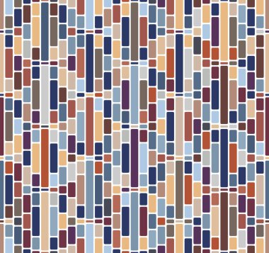 Geometrik mozaik, çok renkli dikdörtgen kiremitlerle soyut bir geçmişe sahip beyaz bir arkaplan üzerinde dikey çizgiler halinde sıralanmış. Renk blokları. Kusursuz tekrarlama kalıbı. Vektör illüstrasyonu.