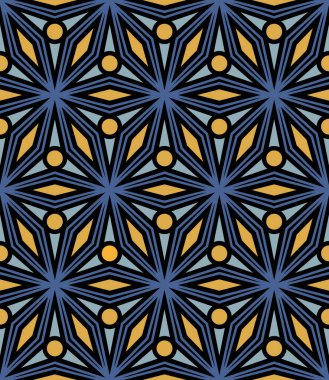 Süslü geometrik kafes, mavi ve sarı eşkenar dörtgenler, elmaslar ve siyah arka planda daireler. Modern bir modaya uygun cesur bir tasarım. Kusursuz tekrarlama kalıbı. Vektör illüstrasyonu.