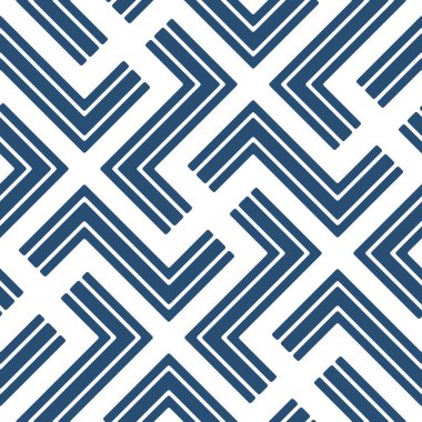Beyaz arka planda zigzag mavi çizgileri olan kusursuz geometrik desen. Modern tarzda basit ve zarif bir tasarım. Tekstil, ambalaj, kapak ve ambalaj kağıdı için soyut vektör çizimi.
