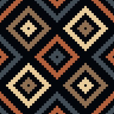 Küçük karelerden yapılmış geometrik şekillerin geleneksel bir etnik tasarımı ile kusursuz tekrarlayan desen. Eski usul. Soyut vektör illüstrasyonu.