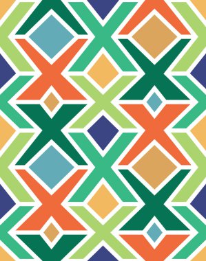 Beyaz bir darbeyle özetlenmiş çok renkli geometrik şekilli kusursuz geometrik desen. Modern tarz. Canlı yaz renkleri. Soyut vektör illüstrasyonu.