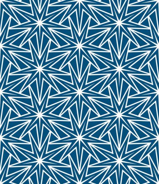 Dekoratif geometrik kafes ve mavi arka planda beyaz yıldızların karmaşık tasarımı. Arap ilhamının çağdaş etnik tarzı. Kusursuz tekrarlama kalıbı. Soyut vektör illüstrasyonu.